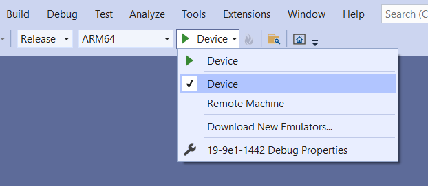 Auswählen von „Gerät“ als Bereitstellungsziel in Visual Studio