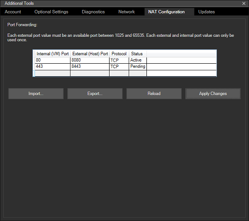 Registerkarte „NAT Configuration“ (NAT-Konfiguration) des HoloLens-Emulators