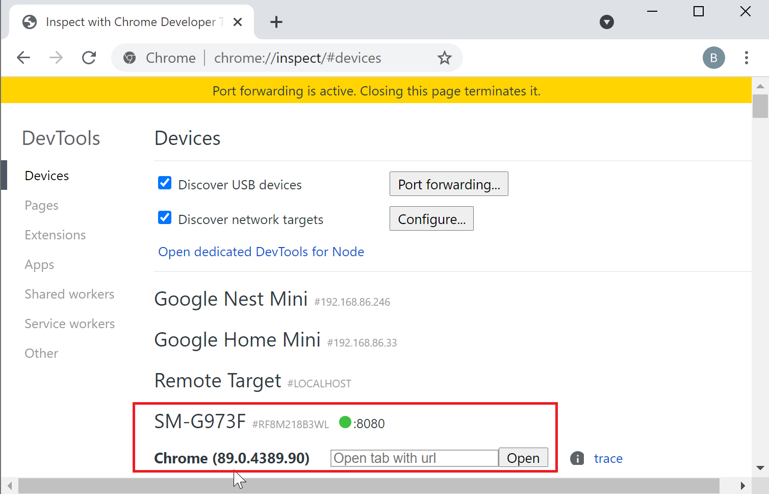 Chrome-Fenster „USB-Debugging“