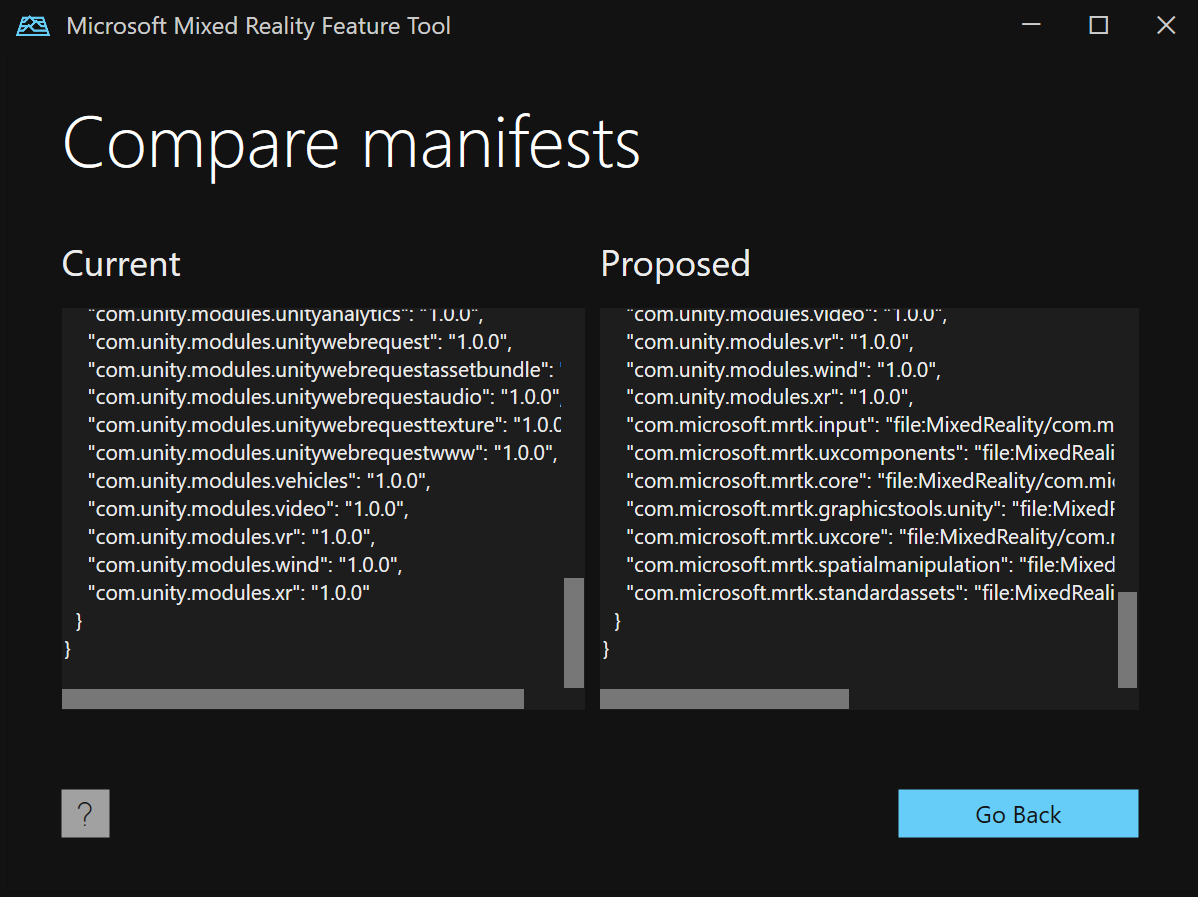 Screenshot of the Compare manifests screen.