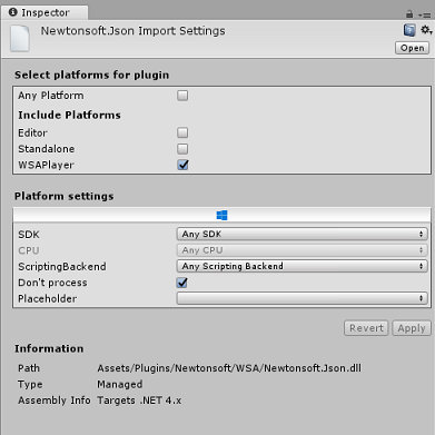 Screenshot that shows the correct selections for the Newtonsoft plugin in the WSA folder.
