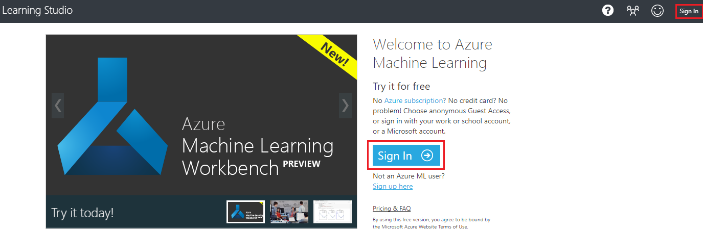 Screenshot des Machine Learning Studio-Fensters, in dem die hervorgehobene Schaltfläche