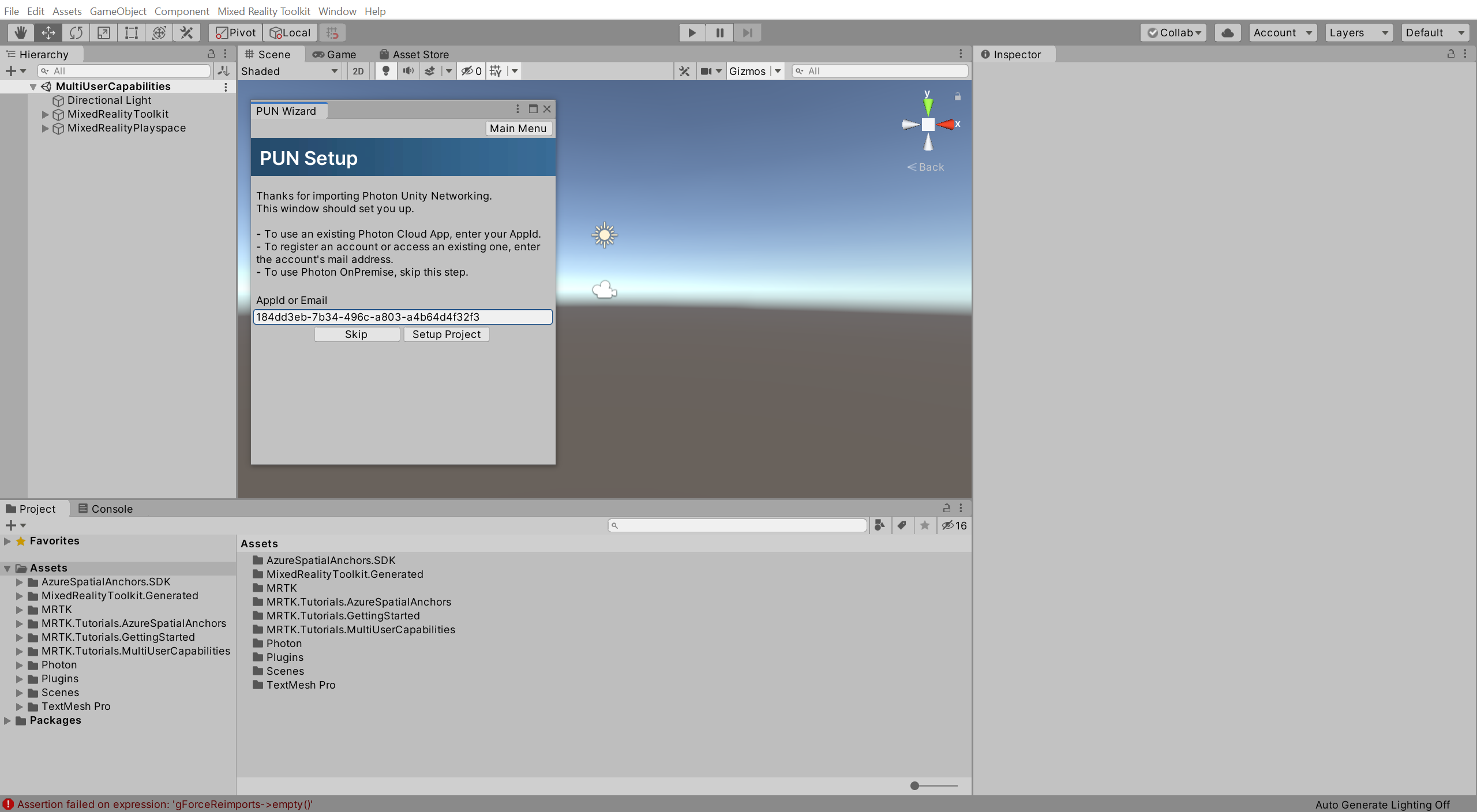 Unity-Fenster zum Einrichten von PUN mit eingetragener AppID