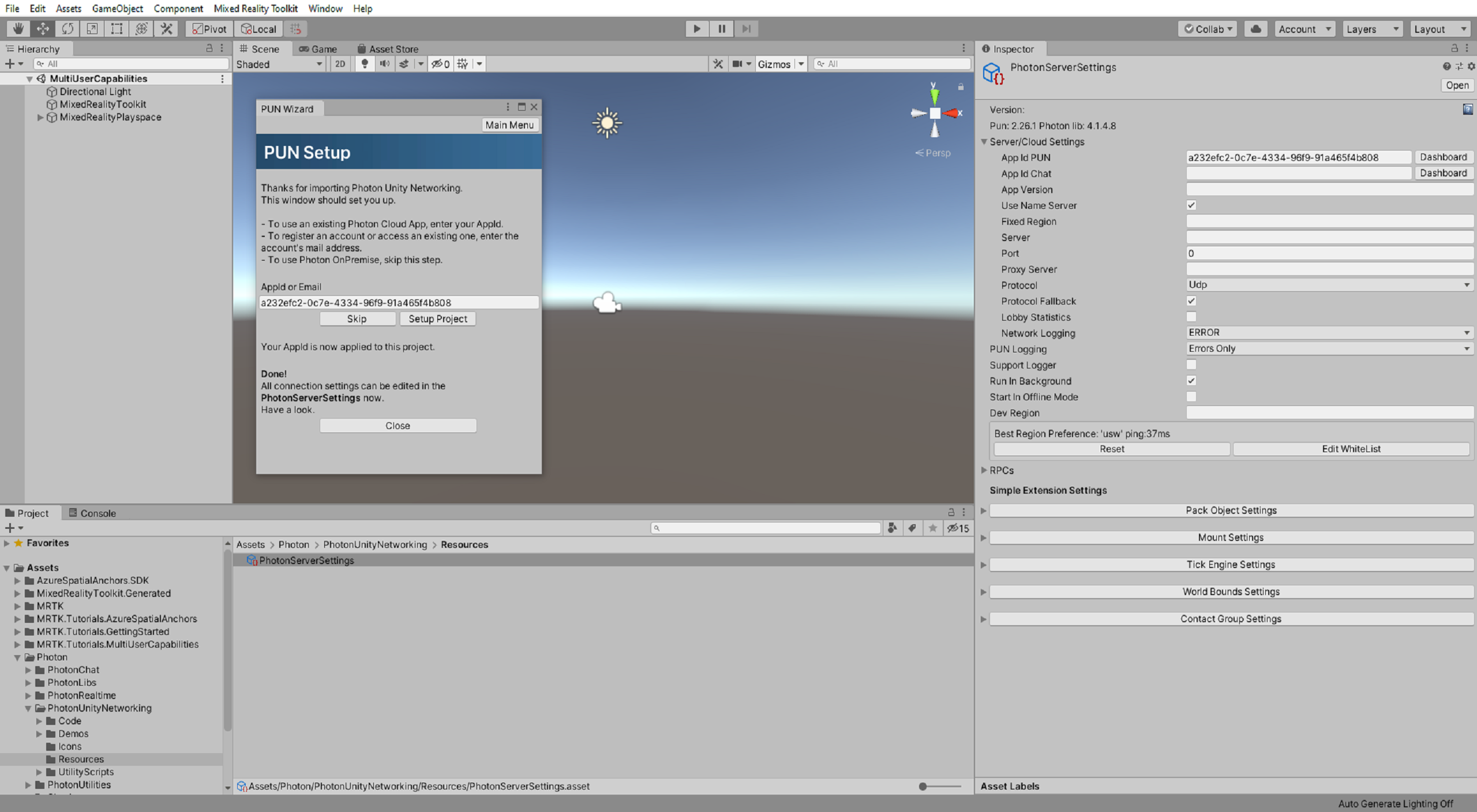 Unity-Fenster zum Einrichten von PUN mit angewendetem „Setup Project“