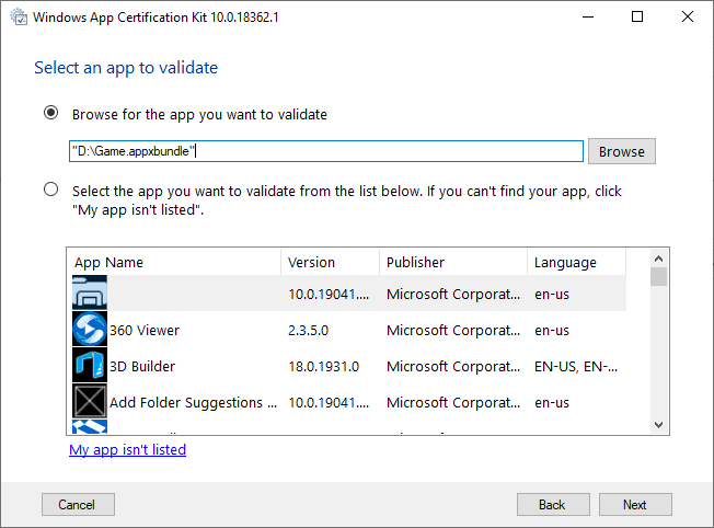 Screenshot der Überprüfungsauswahl im Zertifizierungskit für Windows-Apps.