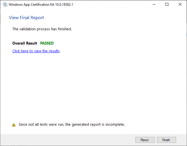 Screenshot der Ergebnisse des Abschlussberichts im Zertifizierungskit für Windows-Apps.
