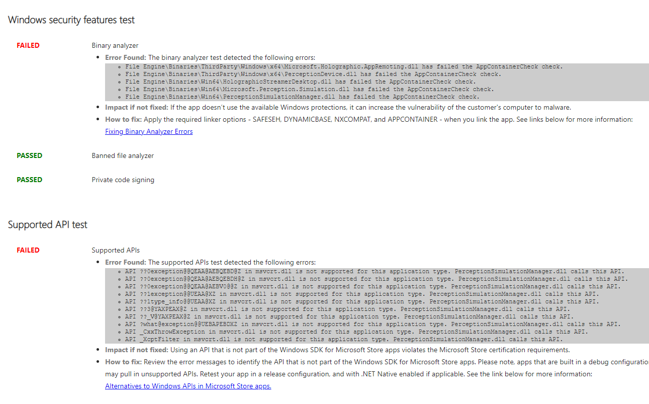 Screenshot eines fehlgeschlagenen Ergebnisses wegen Binary Analyzer und unterstützter APIs aus dem Zertifizierungskit für Windows-Apps.