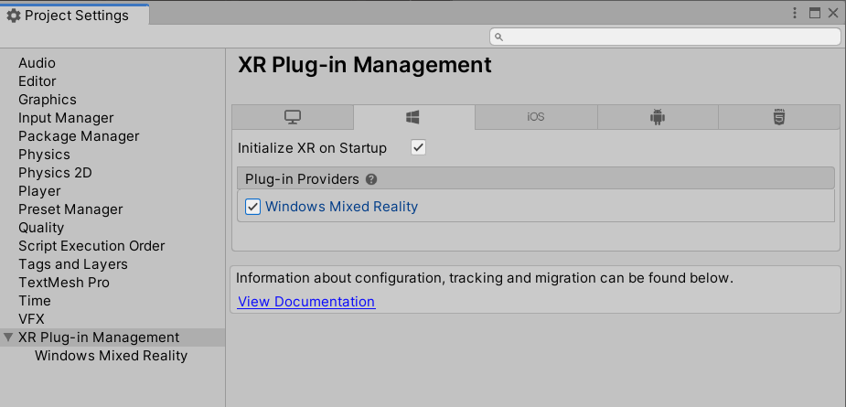 XR-Plug-In-Verwaltung mit ausgewählter Windows-Registerkarte
