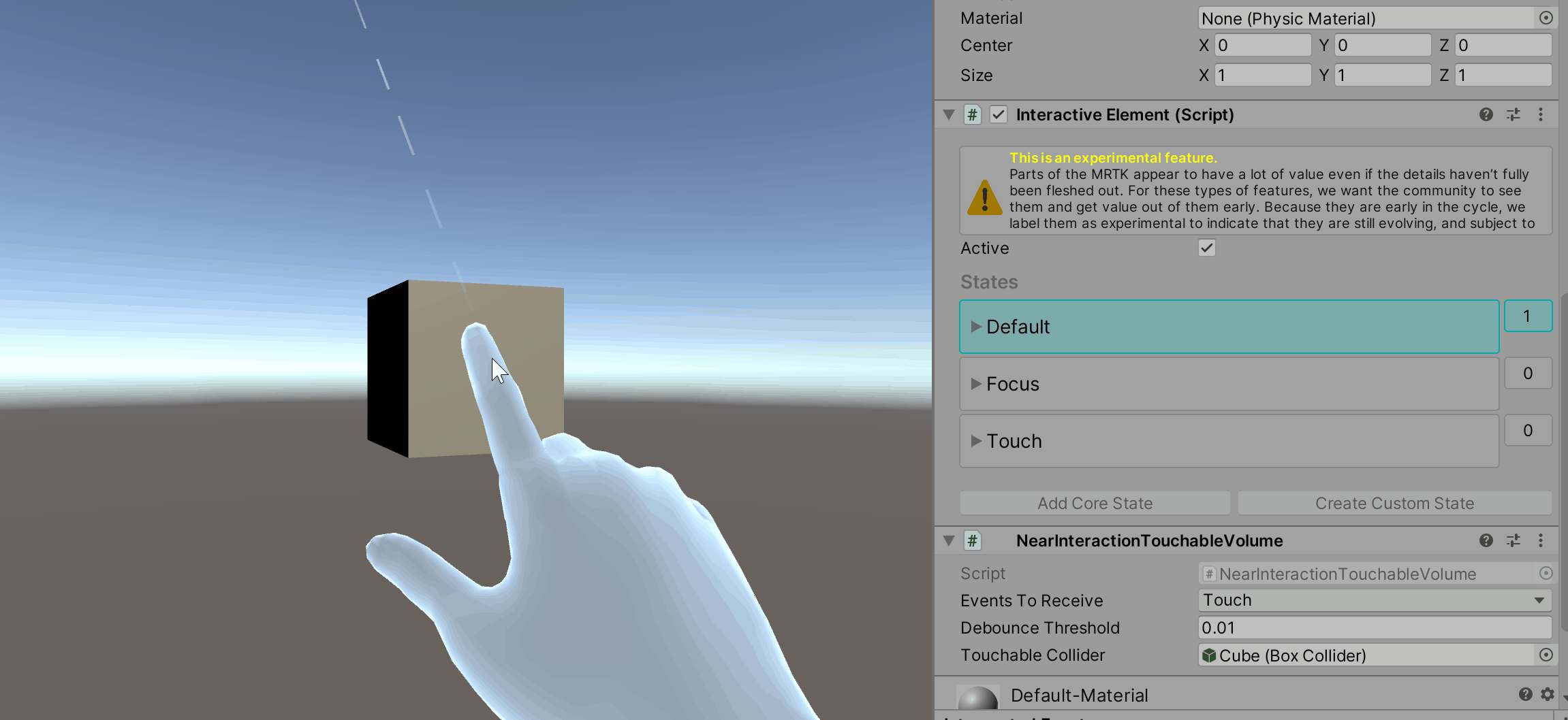 Touch state with virtual hand interaction