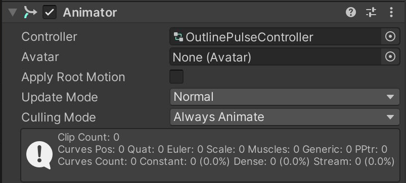 Screenshot: Animator mit auf „OutlinePulseController“ festgelegter Controlleroption