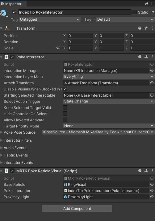 Inspektoransicht von Poke Interactor und MRTK Poke Reticle Visual