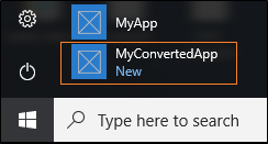 Packaged application in the start menu