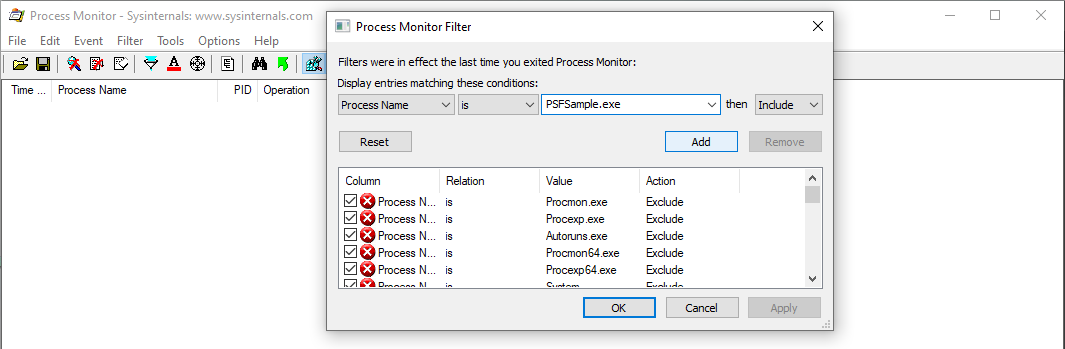 Example of the Process Monitor Filter window with app name.