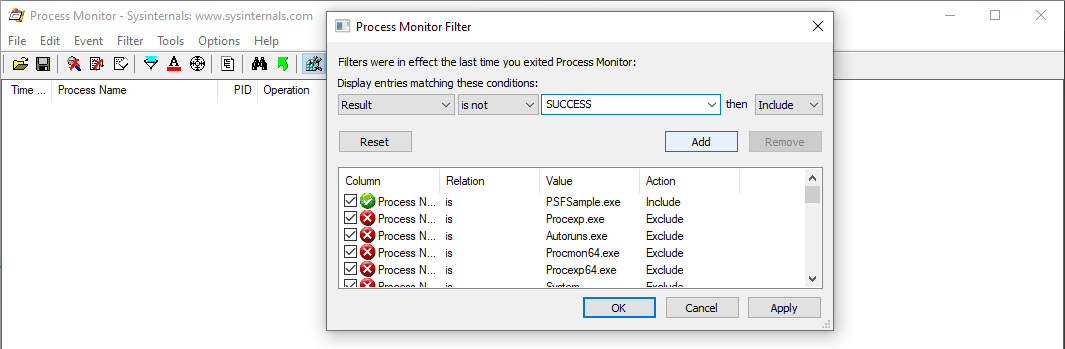 Example of the Process Monitor Filter window with Result.