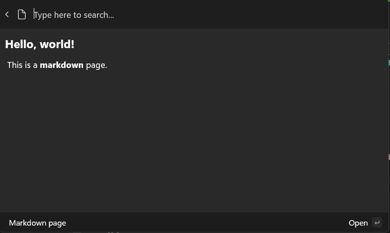 Screenshot der Befehlspalettenerweiterung mit Markdowninhalten mit formatiertem Text und Dokumentsymbol.