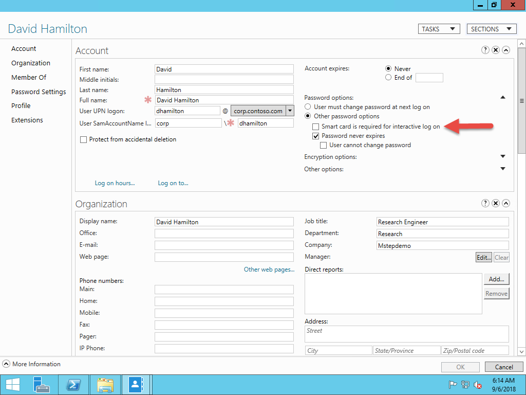 Beispiel für Benutzereigenschaften im Active Directory Admin Center in Windows Server 2012 mit angezeigter SCRIL-Einstellung.