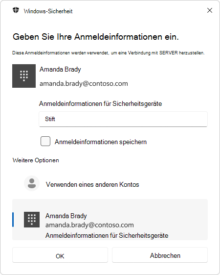 Screenshot der Authentifizierungsaufforderung für die Remotedesktopverbindung mit einer PIN.
