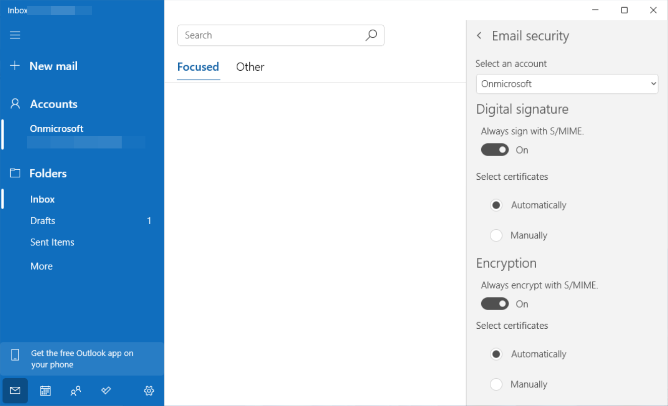 Screenshot der Windows Mail-App, Sicherheitseinstellungen.