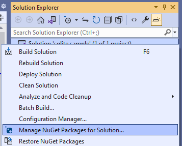 Another screenshot of the Solution Explorer panel with the project right-clicked and the Manage NuGet Packages option highlighted.