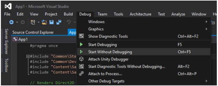 Screenshot showing the Debug dropdown list with he Start Without Debugging option highlighted.