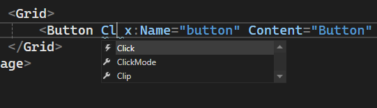 Screenshot des XAML-Editors mit dem Click-Ereignis im Eigenschaftenbereich