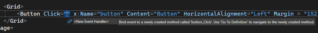 Screenshot des XAML-Editors mit der Aufforderung zum Erstellen eines neuen Ereignishandlers im Eigenschaftenbereich