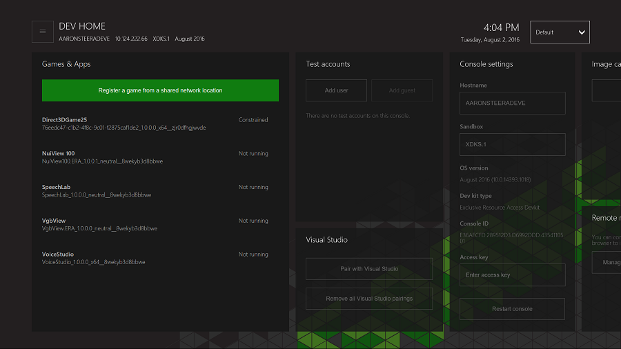 Screenshot der DEV HOME-Seite mit hervorgehobener Option zum Registrieren eines Spiels aus einer Netzwerkfreigabeoption.
