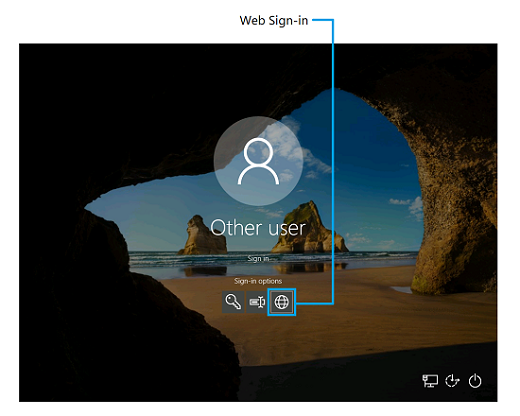 Screenshot des Windows 10-Anmeldebildschirms, auf dem das Webanmeldungsfeature hervorgehoben ist.