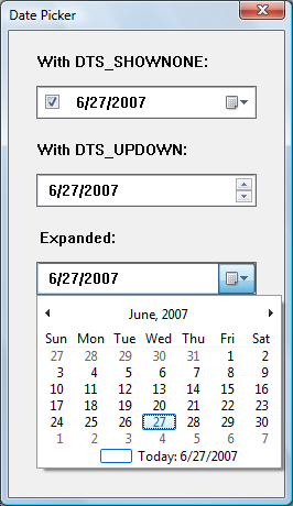 Screenshot eines Fensters, das drei Stile von Datumsauswahlsteuerelementen veranschaulicht