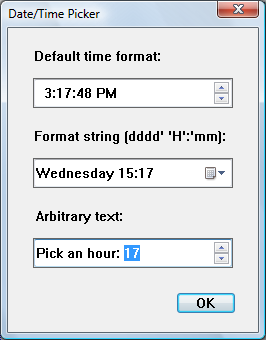Screenshot eines Fensters mit drei Steuerelementen, die die Zeit enthalten