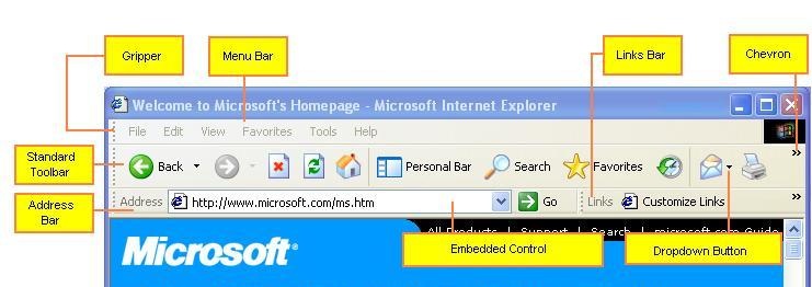 Screenshot der Windows Internet Explorer-Symbolleiste mit Bezeichnungen für acht Features