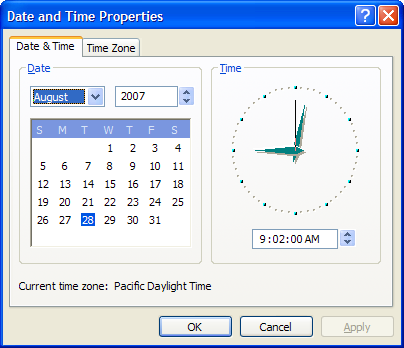 Screenshot eines Eigenschaftenblatts mit zwei Registerkarten, von denen eine eine Uhr und ein monatliches Kalendersteuerelement anzeigt