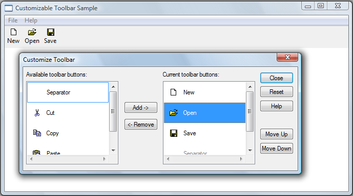 Screenshot eines Fensters mit einer Symbolleiste mit drei Elementen und einem Dialogfeld mit Listen der verfügbaren und aktuellen Symbolleistenschaltflächen