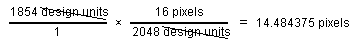 Gleichung, die 1854 Entwurfseinheiten mit 16 Pixel dividiert durch 2048 Entwurfseinheiten multipliziert, gleich 14,484375 Pixel