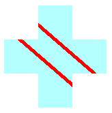 Abbildung einer farbigen Form, die von zwei diagonalen roten Linien gekreuzt wird