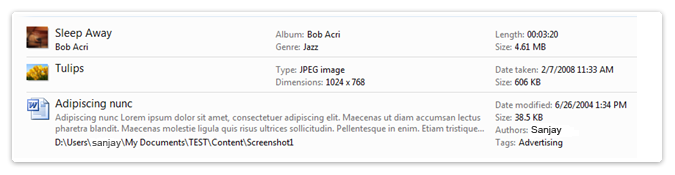 Inhaltsansicht der Suchergebnisse mit Musik, Bildern und Dokumenten