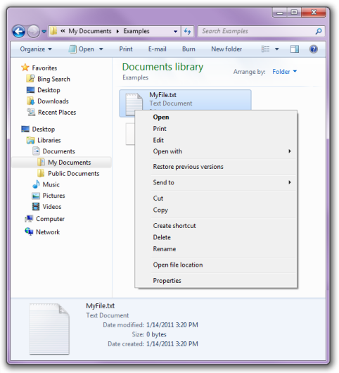 Screenshot des Kontextmenüs für eine Datei mit einem registrierten Dateityp