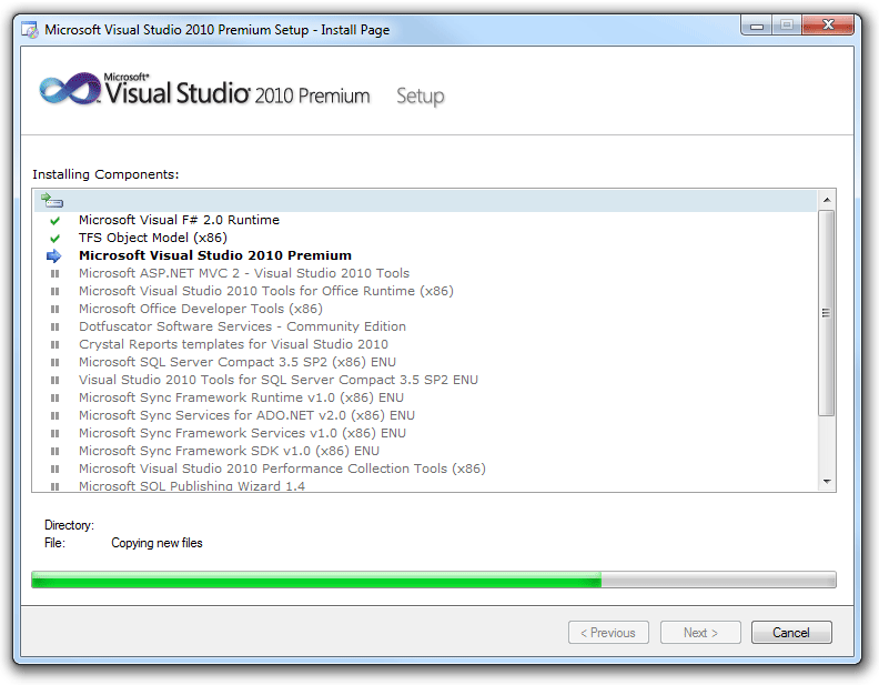 Screenshot des Visual Studio-Setups, Partielle Liste 