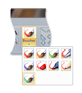 Screenshot eines Katalogsteuerelements für geteilte Schaltflächen in Microsoft Paint für Windows 7.