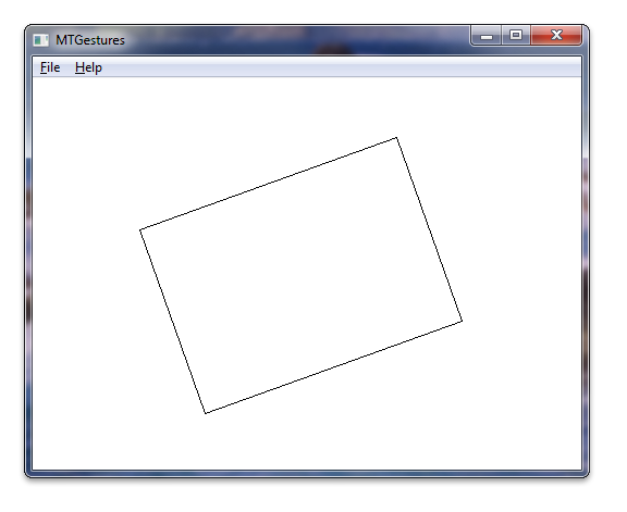 Screenshot des Windows-Touchgestenbeispiels, wenn es ausgeführt wird, mit einem gedrehten, schwarz umrissenen weißen Rechteck auf dem Bildschirm