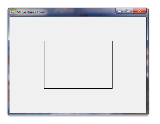 Screenshot, der die Touchgesten von Fenstern in einem scharfen Beispiel zeigt, wenn es ausgeführt wird, mit einem schwarz umrissenen weißen Rechteck, das auf dem Bildschirm zentriert ist