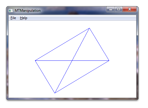 screen shot showing the windows touch manipulation sample, with a rotated blue-outlined white rectangle with blue lines drawn from opposite corners