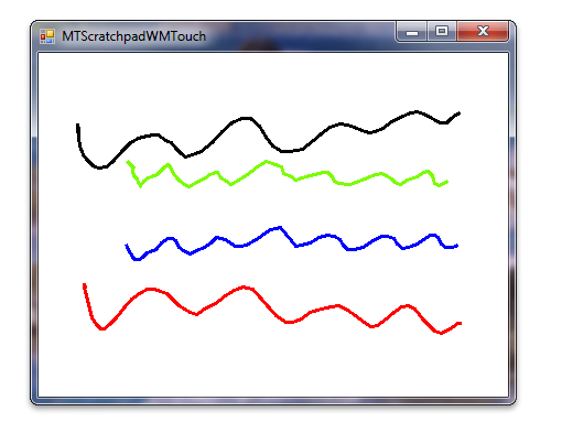 Screenshot, der das Windows-Touch-Scratchpad-Beispiel in c scharf zeigt, mit schwarzen, grünen, blauen und roten Wellen auf dem Bildschirm