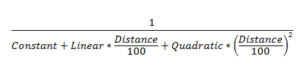 1/(Konstant+Linear*(Entfernung/100)+Quadratisch*(Entfernung/100)(Entfernung/100))