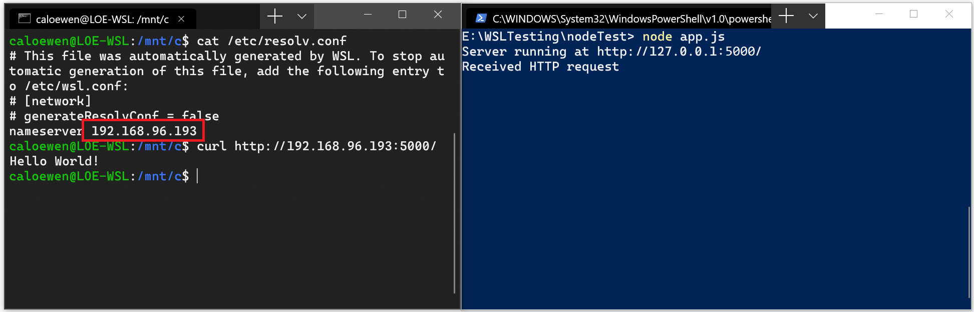Herstellen einer Verbindung mit dem NodeJS-Server in Windows über Curl