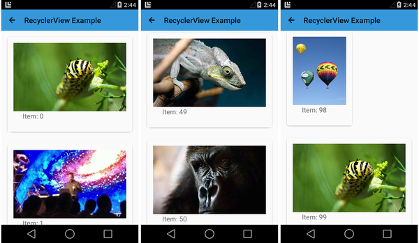 Screenshots of a RecyclerView app scrolling through images