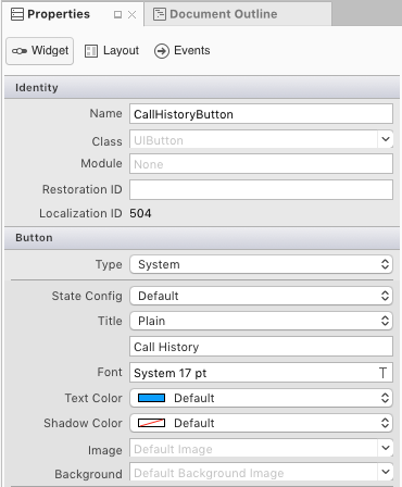 Ändern des Namens der Schaltfläche in „CallHistoryButton“ und Ändern des Titels in „Anrufliste“