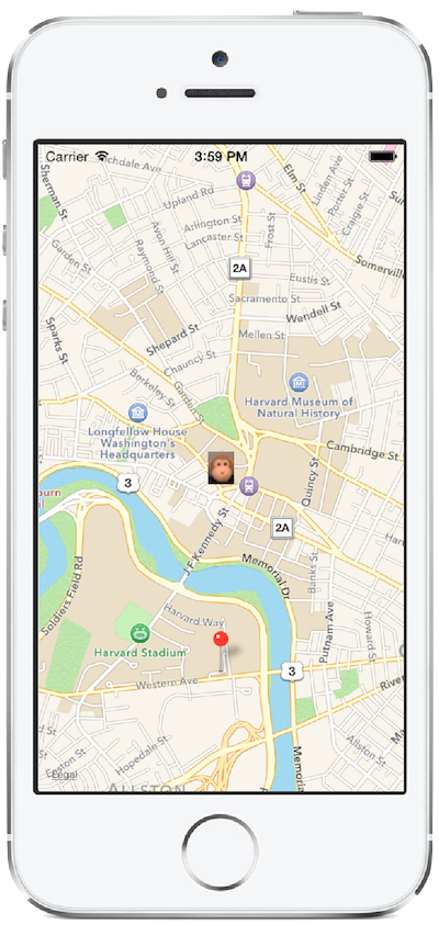 Dieser Screenshot zeigt eine Karte mit einer Pin und einem benutzerdefinierten Bild.