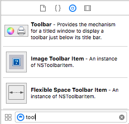 The Library Inspector, filtered to show toolbar items