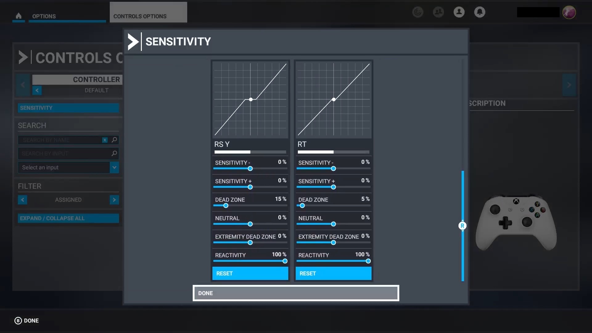 Screenshot der Steuerungsoptionen des Flugsimulators mit angezeigtem Abschnitt „Empfindlichkeit“. Mit Informationen zu RS Y und RT.